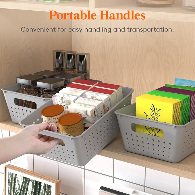 Lifewit Plastic Storage Basket, 7 Pack Stackable Storage Bins for Organizing, Multi Size Open Containers for Shelving, Pantry, Office and Cabinet, 5 Large and 2 Small Size, Gray
