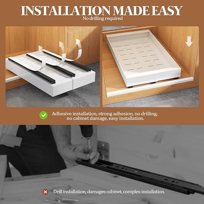 4 Pack Expandable Pull Out Cabinet Organizer 21" Deep With Raising Pad for Framed Cabinets,Upgrade 3 Slide Rails Slide Out Drawers,No Drill Roll Out Shelves,Adjustable Width 9"-14" White