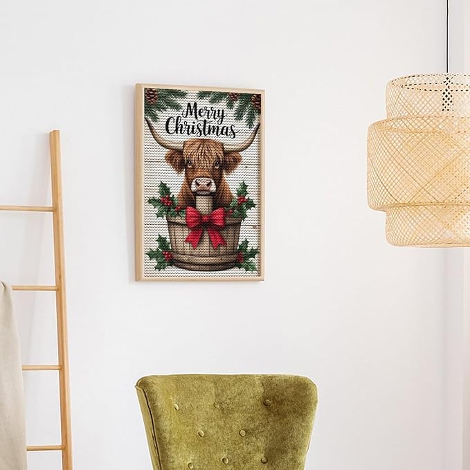 AIVKIEJK Diamond Painting Kits for Adults - Highland Cow Merry Christmas Painting DIY 5D Full Drill Diamond Dots Paintings with Diamonds Gem Art and Crafts Home Decor 8"x12"