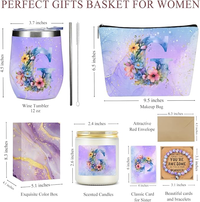 Personalized Gifts Monogrammed Birthday Gifts for Women, Her Employee Housewarming Christmas Initial Wine Tumbler Makeup Bag Scented Candle Bracelet Set, (Aesthetic Purple Flower G)