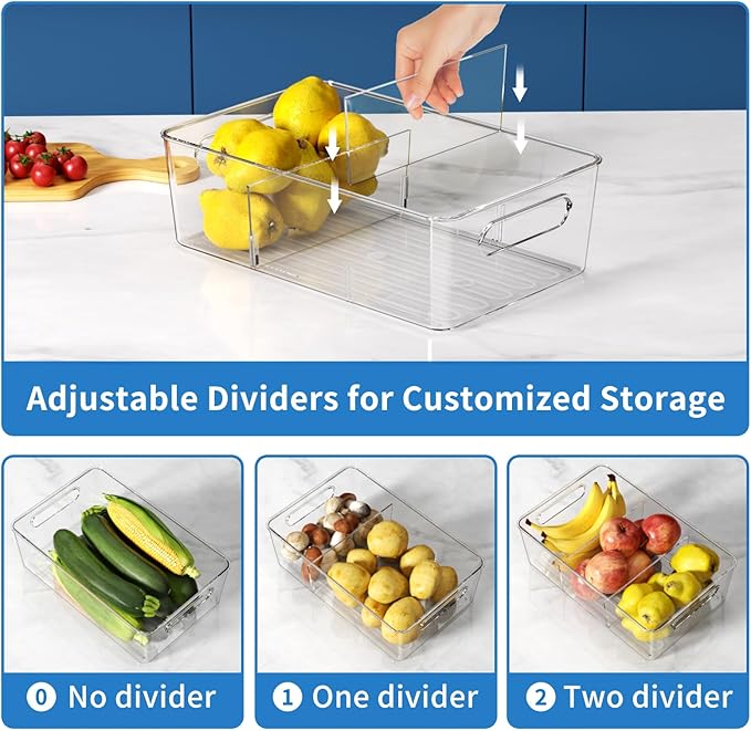 Mpotmiy 6 Pack Pantry Organizers and Storage,Clear Plastic Containers with 2 Dividers for Kitchen,Fridge Organization and Storage,Acrylic Bins for Pounches,Spice Packet,Snack organzier