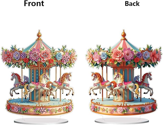 ARTopet DIY Diamond Desktop Ornament PET Irregular Shape Special Shaped Crystal Double Sided Pattern Single Sided Diamond Art Painting Tabletop Home Ornaments Decor (Carousel)