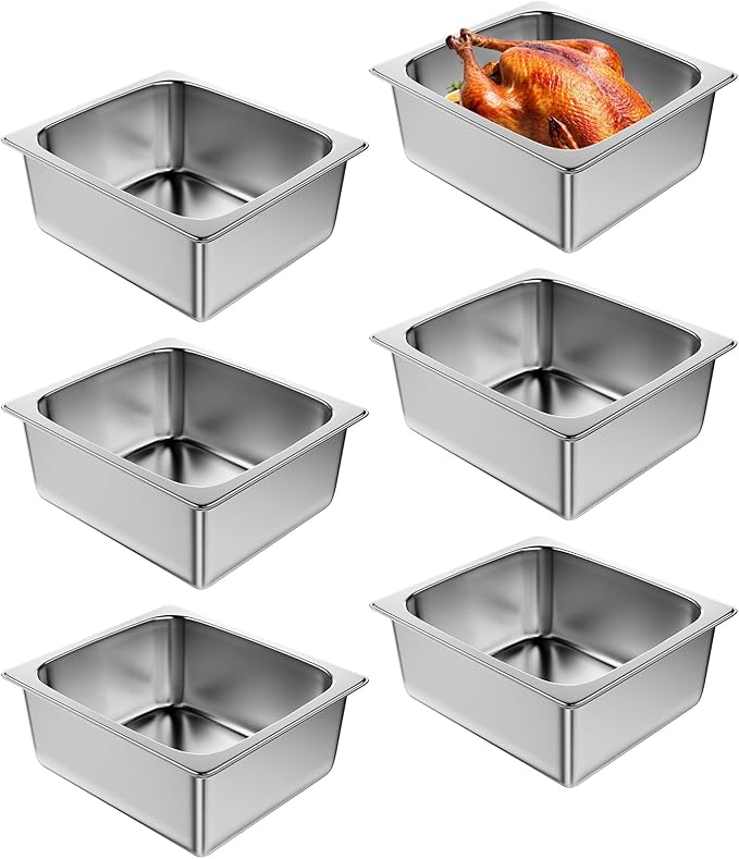 Steam Table Pan Hotel Pans: 1/2 Half Size 6 Pack 6 Inch Deep Stainless Steel Hotel Pan for Food - Commercial Catering Pan for Hotel Restaurant Buffet Party Supplies