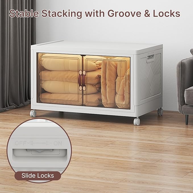 UAMFURI Stackable Storage Bins with Lids, 180QT Closet Organizers, Lockable Storage Cabinet，Foldable Storage Box with Doors and Wheels, Plastic Drawers for Home, Garage, Office (1, White, Extra Large)