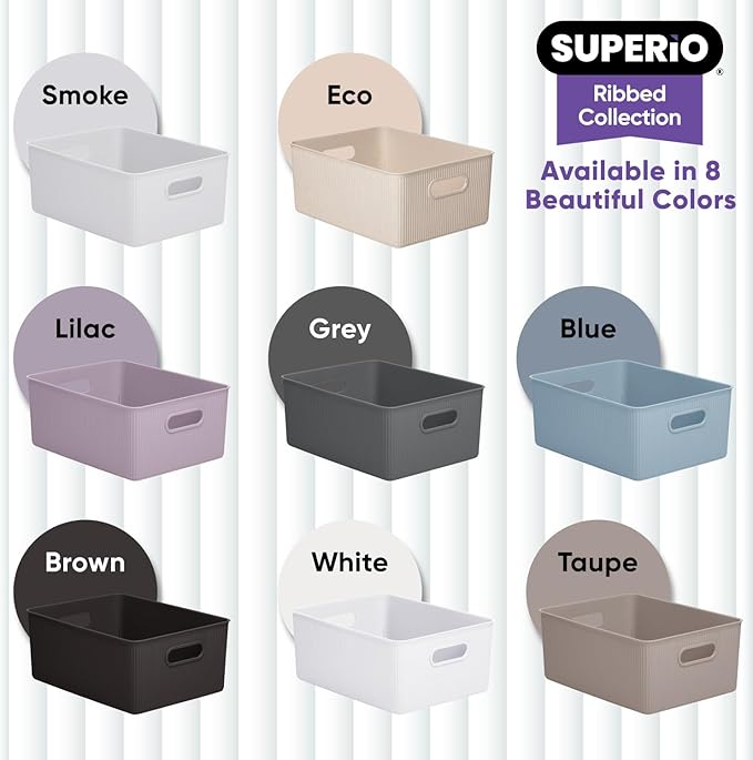 Superio Ribbed Collection - Decorative Plastic Basket Open Home Storage Bins Organizer, Large White (1 Pack) Container Boxes for Organizing Closet Storage Bins for Shelves 15 Liter/16 Quart