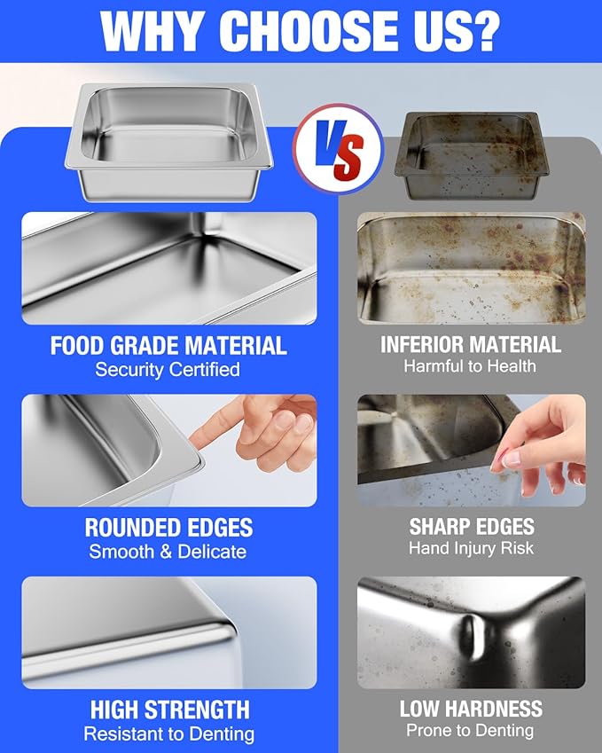 Steam Table Pan Hotel Pans: 1/4 Size 8 Pack 6 Inch Deep Stainless Steel Hotel Pan for Food - Commercial Catering Pan for Hotel Restaurant Buffet Party Supplies