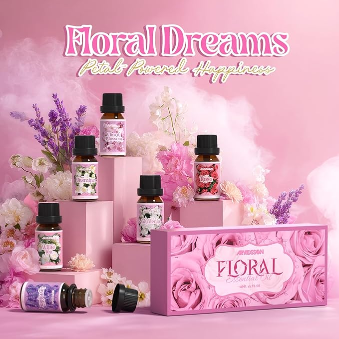 ARVIDSSON Floral Essential Oils Set, Natural Flower Essential Oil Gift for Women - Lavender, Jasmine, Cherry Blossom, Gardenia, White Tea, Rose, 6 x 10 mL
