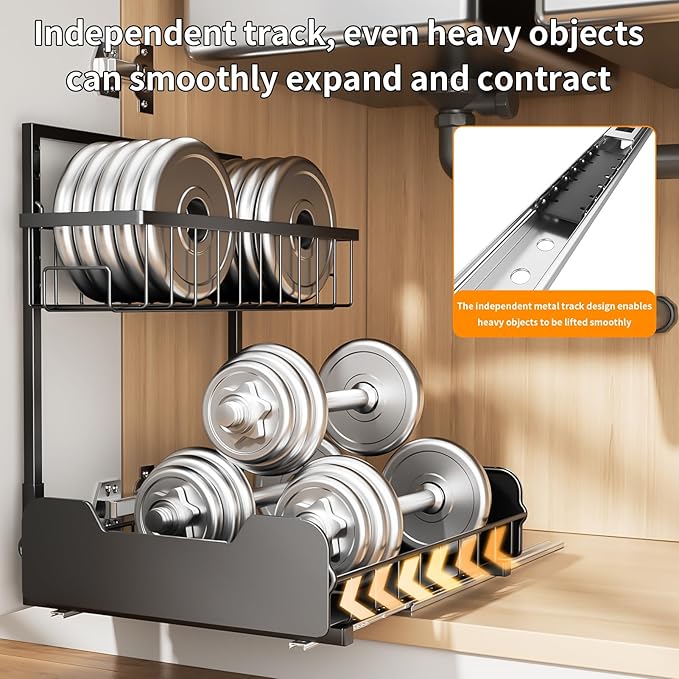 PureBox Under Sink Organizer, 2-Tier L-Shaped Pull Out Cabinet Shelf with 2 Installation Methods, Adjustable Sliding Storage Drawer for Kitchen, Bathroom, Laundry, Metal, Black, 2-Pack