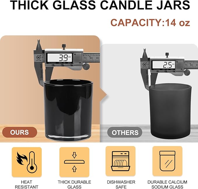 SHOWIN Thick Candle Jars for Making Candles 12 Pcs, 14 OZ Empty Jars with Wood Lids for Candle Making, Sample Container, Inner Black