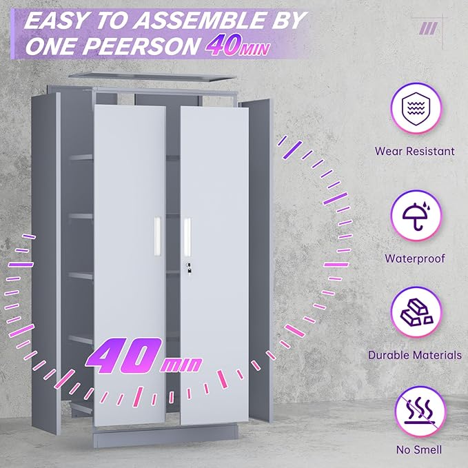 Superday Metal Storage Cabinets, 71" Storage Cabinet with Locking Door, Tall Garage Cabinet with 2 Doors and 4 Adjustable Shelves for Home Office, Classroom, Easy Assemble(Grey)