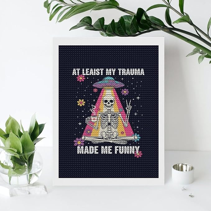 KIVJMSIDJA Diamond Art Kits for Adults Skull Skeleton “At Least My Trauma Made Me Funny” DIY Round Diamond Art for Home Wall Decor & Crafts Gifts 12"x16"