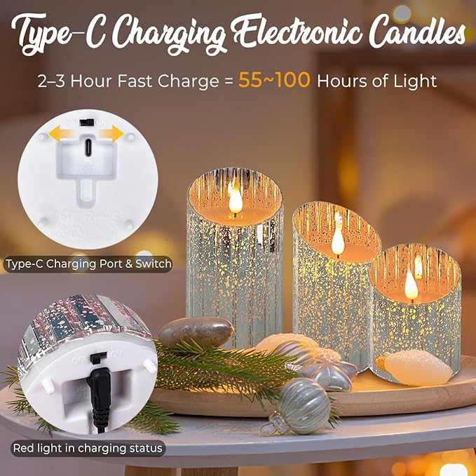 Rechargeable Flameless Candle, Flickering LED Pillar Glass Fake Candle with Remote and Timer, Built-in Battery Real Wax Electronic Candle for Room Decoration, Set of 3