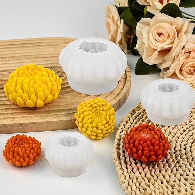 3 Pack Flower Candle Molds, 3D Peony Mum Molds Set Large + Medium + Small Chrysanthemum Silicone Molds for Candles Soap Epoxy Resin Clay Plaster Home Décor Handmade Gift