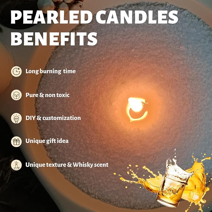 Whisky Scented White Pearled Candle 18oz Luxury Sand Candle Granulated Wax - 30 Cotton Wicks – Wax for Candle Making Decorative Candles Smooth and Clean Burning Lasts up to 120 Hours