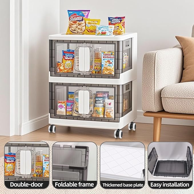 Folding Storage Organizer with Silent casters | Stackable Design for Home & Office, Heavy-Duty Plastic Storage Bin with Clear Door, 3 Sizes (19.5/23.5/27.5in),Black/White (19.7" 1 layer, White)