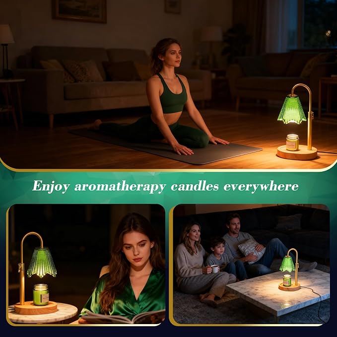 Candle Warmer Lamp with Adjustable Height - Flameless 4-Level Dimmable Wax Warmer with Colorful Glass Shade & Wooden Base, Timer Function & Stylish Design in Multiple Colors (Green 2)