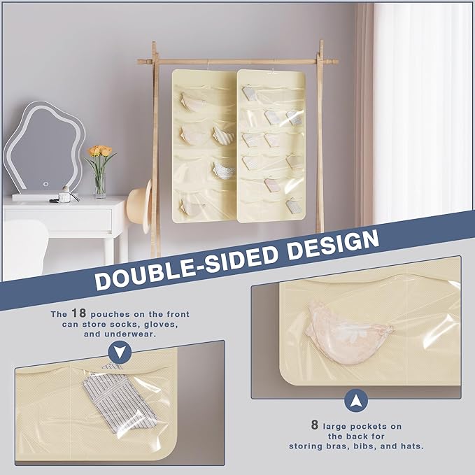 Hanging Closet Underwear Organizer, 28-Pockets Dual-Sided Storage for Socks, Bras, and Leggings Lingerie and Kids’ Clothing, Beige