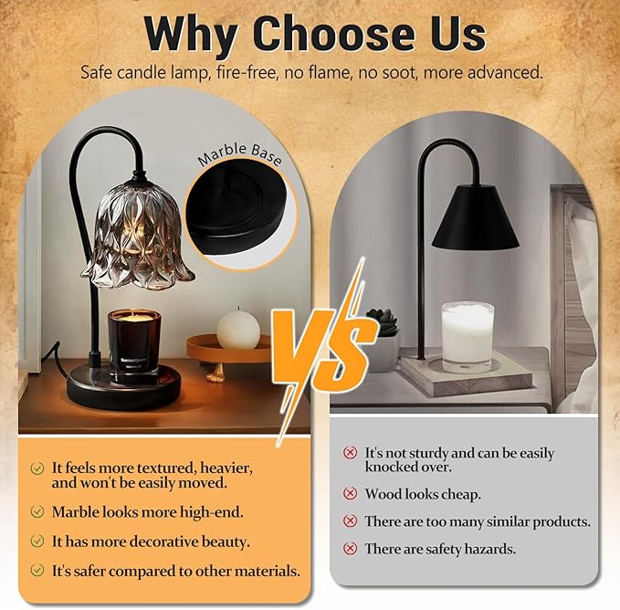 Candle Warmer Lamp with Timer&Dimmer, Adjustable Brightness Marble Base Electric Wax Melts Warmer, Home Decor Candle Warming Lamp Gifts with 2 Bulbs