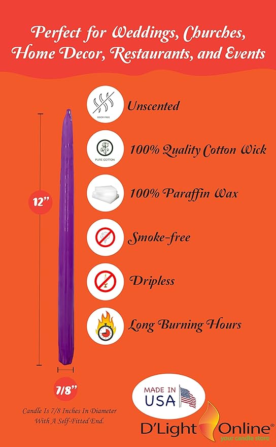 D'light Online Elegant 12" Purple Gradient Taper Candles Premium Quality- Unscented, Hand-Dipped Tapered Candles, Dripless and Smokeless - Set of 12 (12 Inch, Purple Gradient)