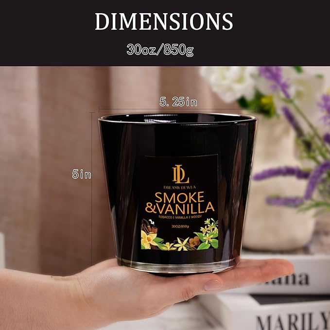 Smoke & Vanilla Scented Candle, Large 30oz Natural Soy Candles, 4-Wick 80 Hour Burn Time, Masculine Candle - Home Fragrance Candles Housewarming Gift for Men