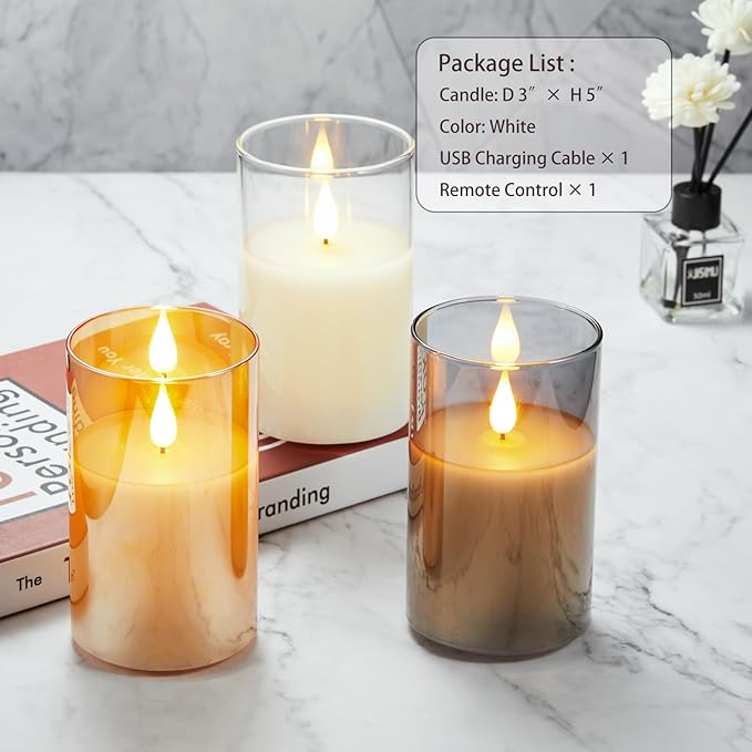 Flickering Flameless Candles, Battery Operated Candles with 3D Wick, Last 1000+ Hours LED Candle with Remote and Timer, Rechargeable Candle Real Wax White Glass, Home Decor 3" x 5"