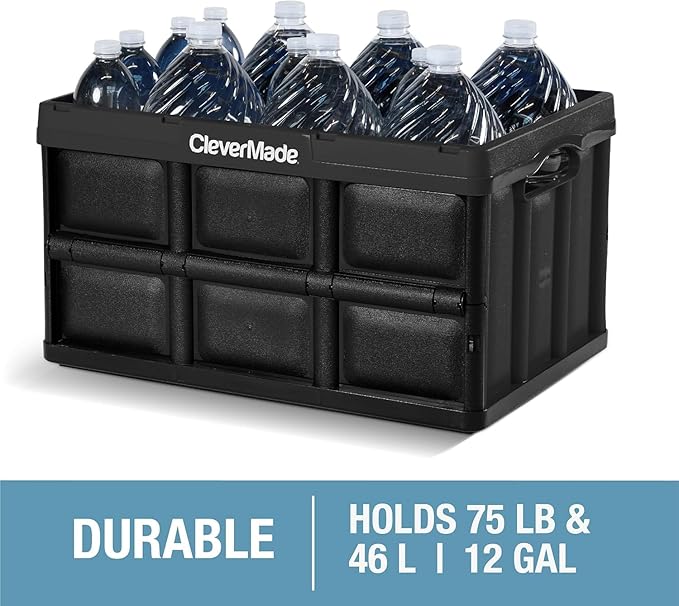CleverMade Collapsible Storage Bins 46L (3-Pack) – Heavy Duty Collapsible Plastic Storage Bins, Stackable Folding Storage Bins for Car, Garage, Home Organization - Foldable Bins, Stone