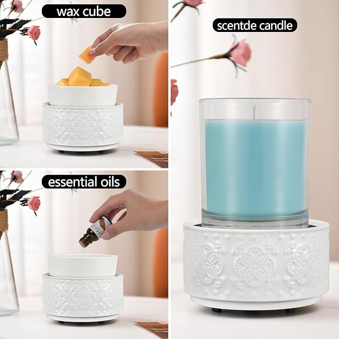 mocosa Ceramic Candle Wax Melt Warmer for Scented 3-1 Electric Candle Warmer Home Fragrance Burner for Mom Women(White-Granular)
