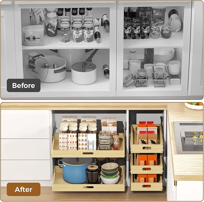 Pull Out Cabinet Organizer, Soft Close Wooden Drawer Storage Shelves for Kitchen, Durable Base Cabinet Solution for Pantry (18”W*21”D)