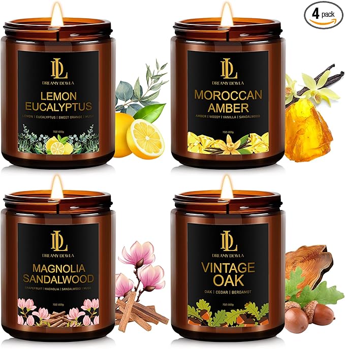 Candles Gifts for Women Men, Candle for Home Scented, 4Pack 28oz Soy Candles Set, Scents of Lemon Eucalyptus/Moroccan Amber/Magnolia & Sandalwood/Vintage Oak