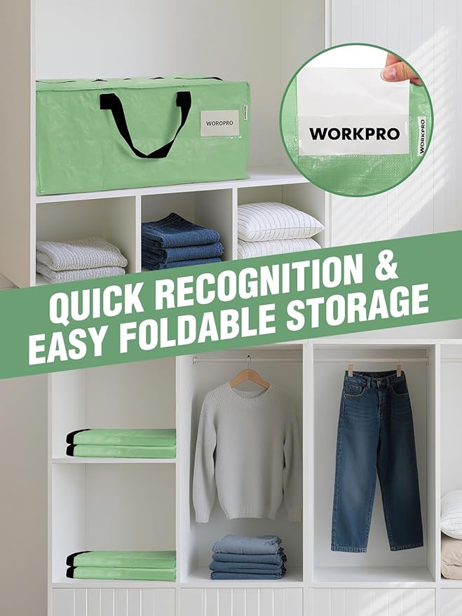 WORKPRO 10 Pack Extra Large Moving Bags with Zippers & Carrying Handles Backpack Straps, Heavy-Duty Storage Tote for Space Saving & Storage, Alternative to Moving Box (Green)