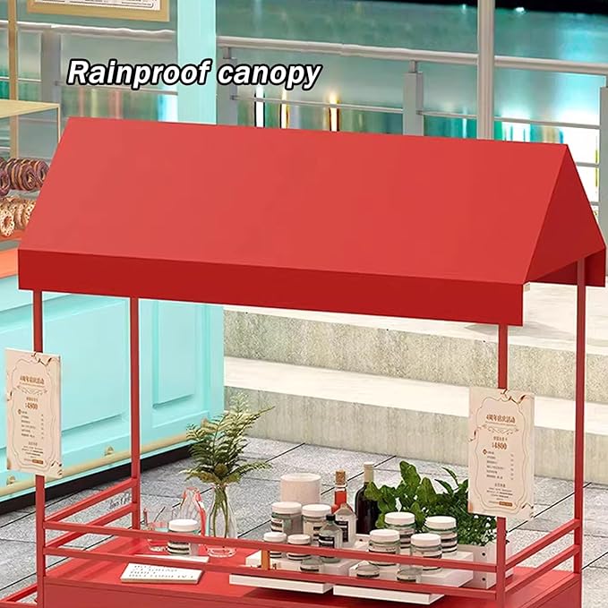JKGHK Vending Iron Cart with Canopy, 4-Wheel Portable Mobile Dining Market Stall, Outdoor Dining Carts Market Stall, for Street Food, Handicrafts, Snacks(Red white,100cm/39.3in)