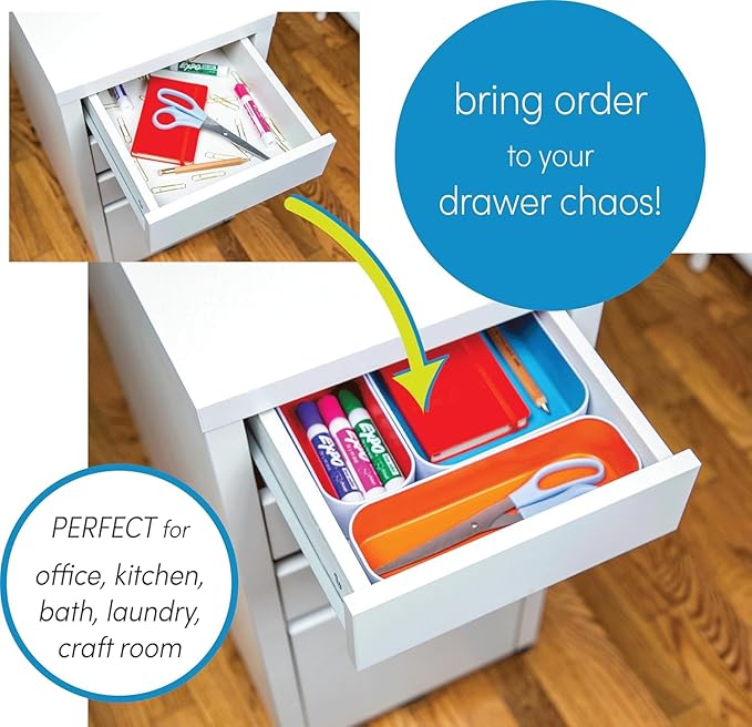 Three by Three Seattle 5 Piece Metal Organizer Tray Set for Storing Makeup, Stationery, Utensils, and More in Office Desk, Kitchen and Bathroom Drawers (2 Inch, Assorted Blue Berry and Sunset)