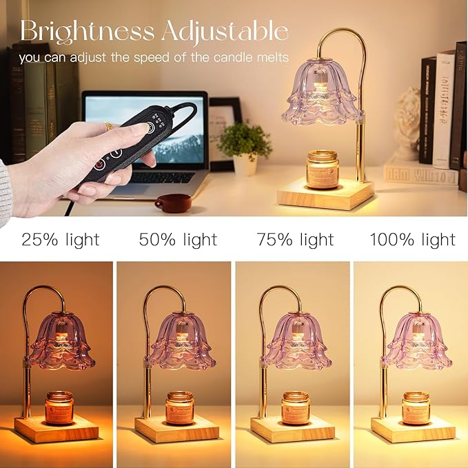 Candeldo Candle Warmer Lamp with Timer: Purple Flower Candle Warming Lamp with 2 Bulbs Height Adjustable Wax Warmer Dimmable Bedroom Decor Mothers Day Gift for Women
