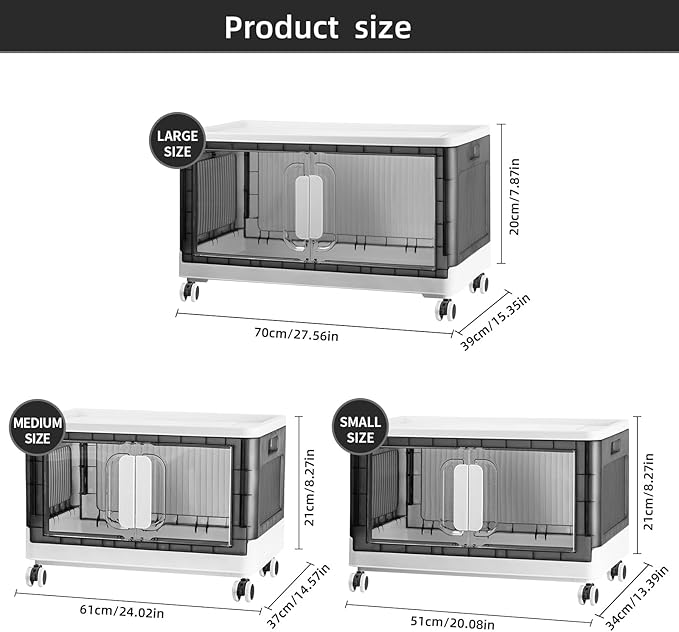 Folding Storage Organizer with Silent casters | Stackable Design for Home & Office, Heavy-Duty Plastic Storage Bin with Clear Door, 3 Sizes (19.5/23.5/27.5in),Black/White (23.6" 4 layer, White)