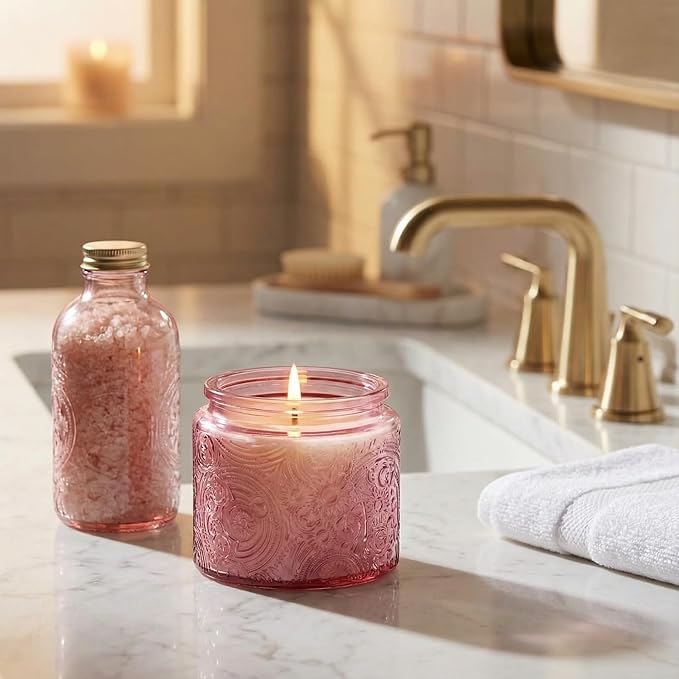 9-Pack 10 oz Sun Moon Star Embossed Glass Candle Jars with Mirror Lids and Labels - Unique Pink Candle Containers with Lids for Candle Making
