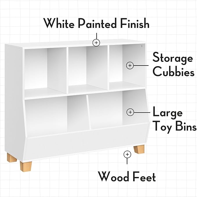 RiverRidge Catch-All Kids Toy Storage Organizer with 3 Cubbies and 2 Storage Bin Compartments - 35 Inch Wide White and 2 Gray Fabric Bins Kids Room Decor Toy Organizers and Bins