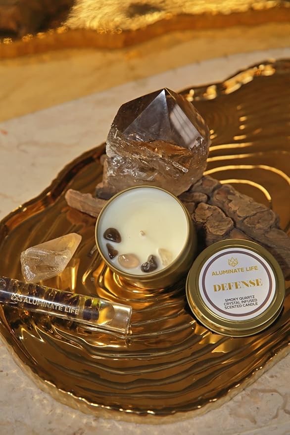 Luxury Candle Tin, 4 OZ, Defense - Smoky Quartz Crystal Infused - Scents of Frankincense, Neroli, & Sage - Detoxify, Ground, & Fortify - Coconut Wax Blend, Essential Oils, Dr. Developed