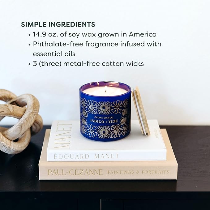 Calyan Wax Co. Indigo & Yuzu 3 Wick Scented Candle - 43 Hour Burn - Luxury 3 Wick Soy Candles - Non Toxic Soy Wax Candles - Long Lasting Large Glass Jar Candle for Home - 14.9oz