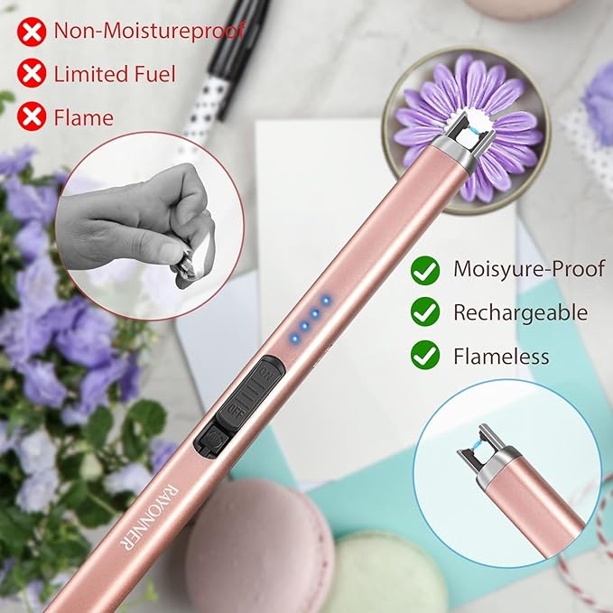 RAYONNER Rechargeable Electric Candle Lighter Windproof Plasma Arc Lighter for Deep Jars BBQ Camping Flameless Fire Starter Christmas Stocking Stuffers Gift (2 Pack - Rosegold)