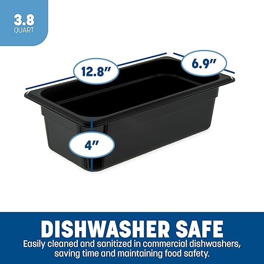 Carlisle FoodService Products Storplus High Heat Food Pan Steam Table Pan, High Heat Plastic, 1/3 Size 4 Inches Deep, Black, (Pack of 6)