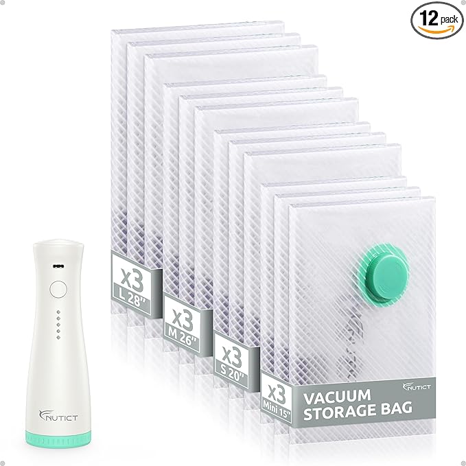 NUTICT 12 Pack Vacuum Storage Bags for Travel with Rechargeable Electric Pump, Long-Term Reusable Vacuum Seal Bags for Clothes and Blankets Compression, Carry-on Space Saver for Luggage and Suitcase