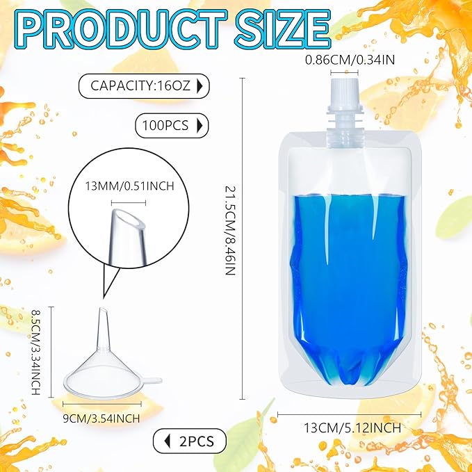 100 Pcs Plastic Pouches Bulk Clear Juice Bags Squeeze Pouches Plastic Leak Proof Bags with Funnel for Party Favors (16 oz)