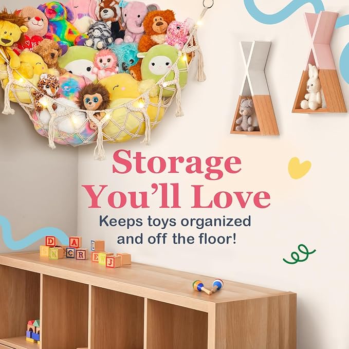Lilly's Love Stuffed Animal Storage Macrame Hammock w/String Lights, Large - Boho Room Decor Toy Storage - Corner Hanging Plushie Stuffed Animal Net Organizer (Light Pink)