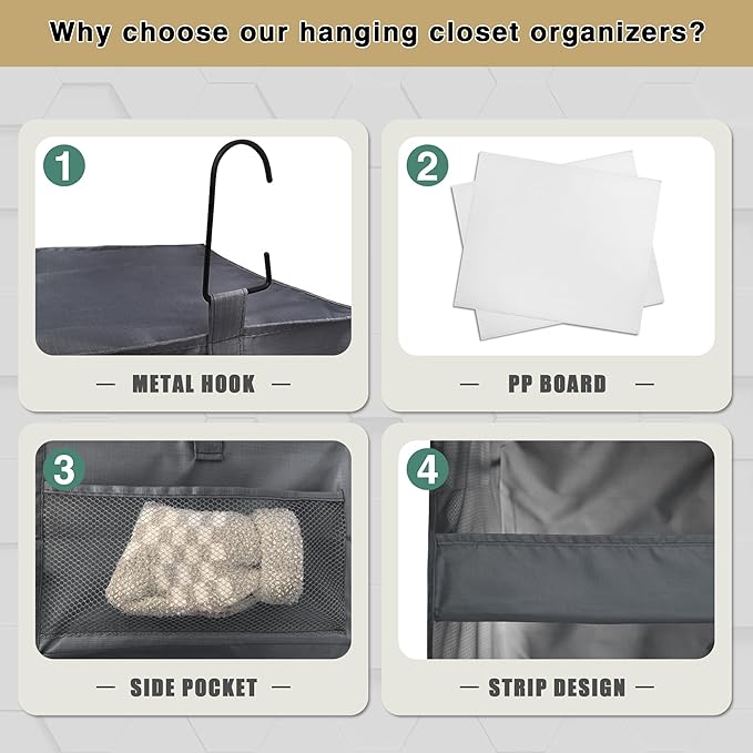 3-Shelf Hanging Closet Organizer and Storage, Foldable Hanging Closet Shelves Front Lip Design Washable Hanging Storage, Dark Gray