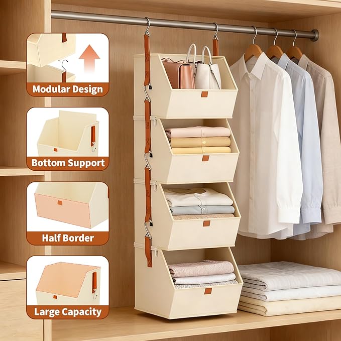 Hanging Closet Organizer 4 Tier, Clothes Hanging Shelves with Foldable Storage Baskets, Space-Saving Closet System for Bedroom, Home, Dorm, RV, Hat, Bags, Shoes