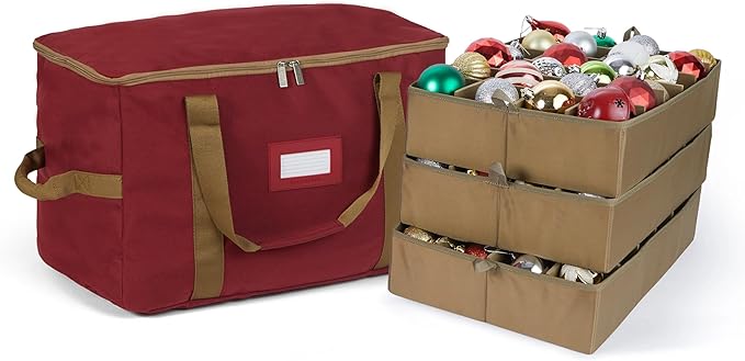 Covermates Keepsakes Adjustable Ornament Storage Bag – Heavy-Duty Polyester, Padded Dividers & FlexGrid Trays – Protective Holiday Ornament Organizer with Handles & Label Window, Red