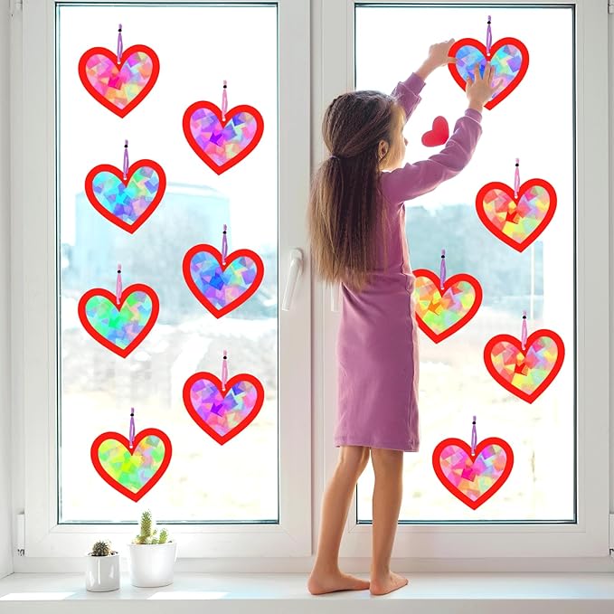 Qyeahkj 36 Set Valentine's Day Suncatchers Craft for Kids DIY Heart Window Tissue Paper Crafts Kit Red Heart Hanging Decor for Valentine School School Home Activity Art Project Party Favor Gift