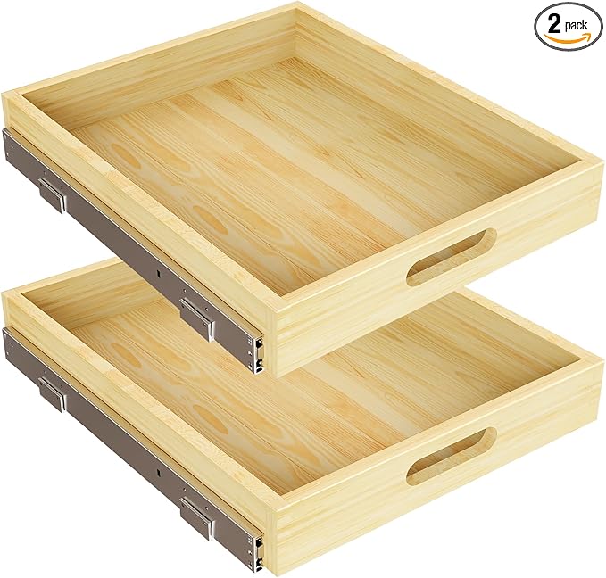 2 Set Pull Out Cabinet Organizer, Soft Close Slide Out Wood Drawer Storage Shelves for Kitchen, Base Cabinet Organization for Pantry, Finished, Heavy-Duty, Bottom Assembly (18” W x 21” D)