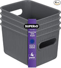 Superio Ribbed Collection - Decorative Plastic Basket Open Home Storage Bins Organizer, Small Grey (4 Pack) Container Boxes for Organizing Closet Storage Bins for Shelves Drawer Shelf 1.5 Liter