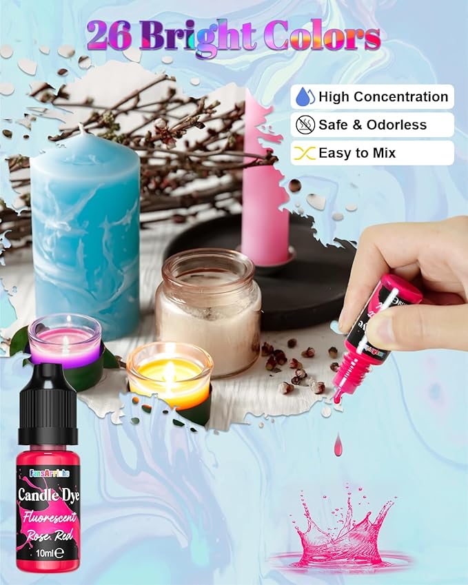 FansArriche Candle dye - 26 Colors Liquid Oil-Based dye for Candle Wax, Vivid Candle Color for DIY Candle Making, Highly Concentrate Natural Candle Color